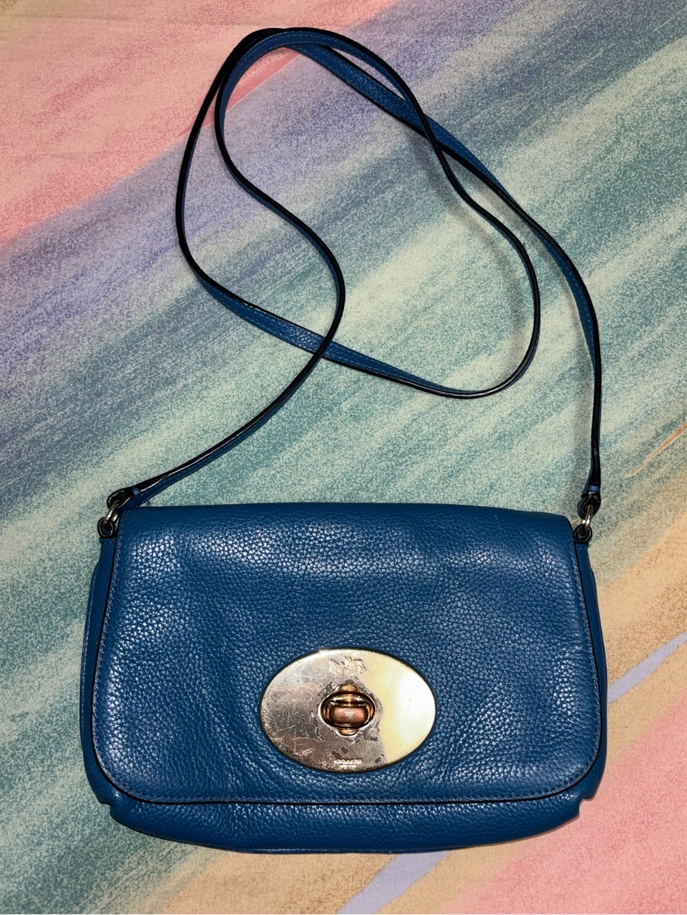 Coach Blue F52896 Pebble Leather Turnlock Clutch Crossbody Bag Purse